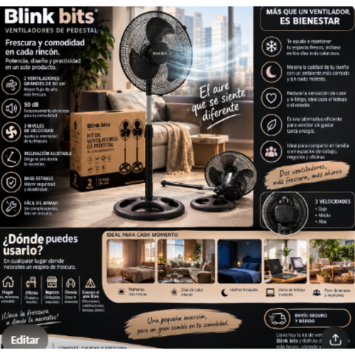 KIT :2 VENTILADORES DE PEDESTAL ULTRA RECISTENTES NEGROS.